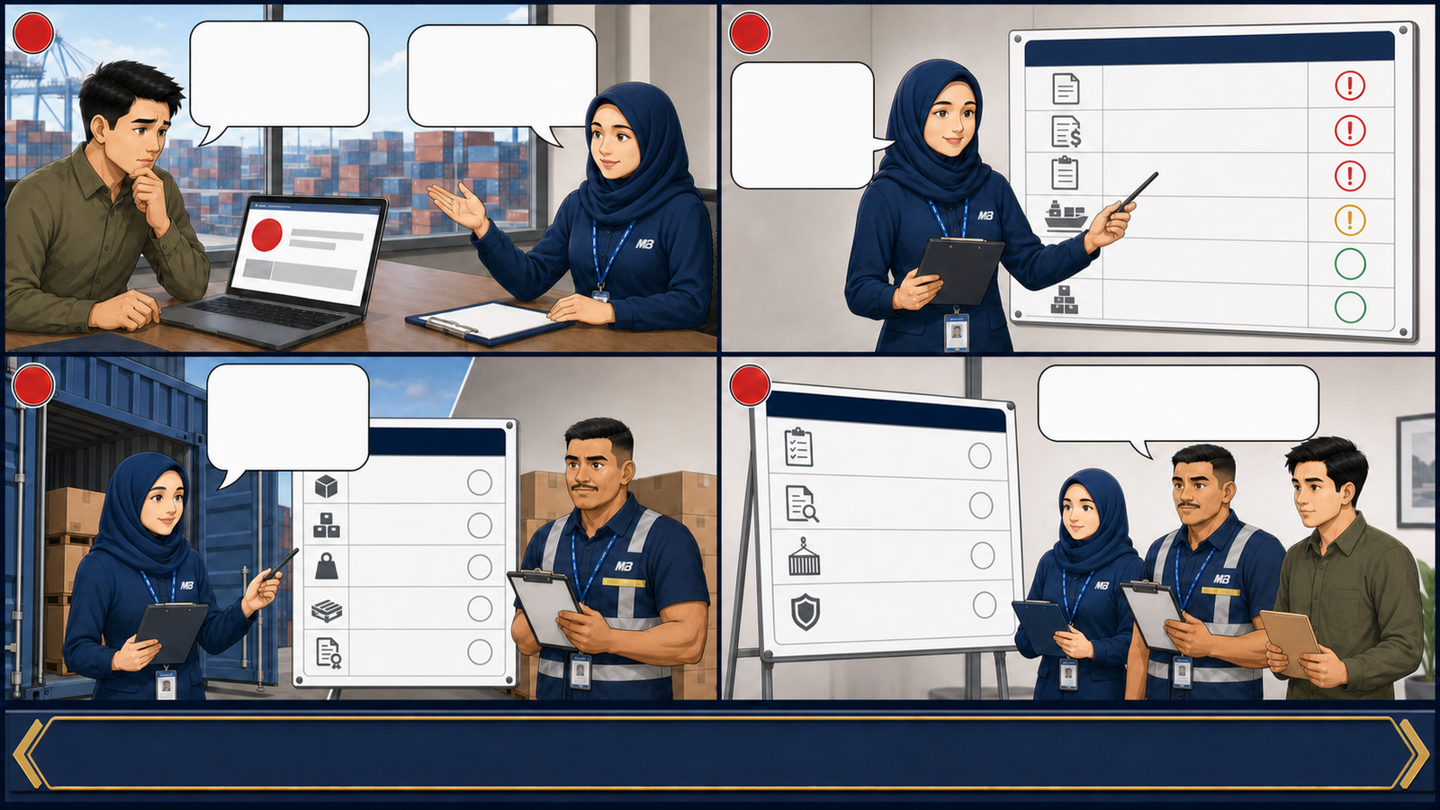Komik empat panel: staf M2B berlogo perusahaan dan memakai ID card membantu Yusuf menyiapkan dokumen serta barang untuk pemeriksaan jalur merah.