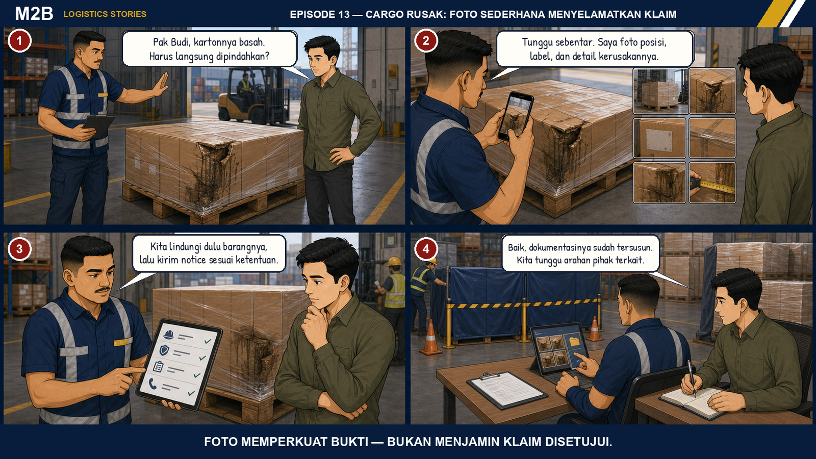 Komik empat panel Budi membantu Yusuf mendokumentasikan kemasan cargo yang rusak, mengirim notice sesuai ketentuan, memitigasi kerusakan, dan menunggu arahan pihak terkait tanpa menjanjikan klaim diterima.