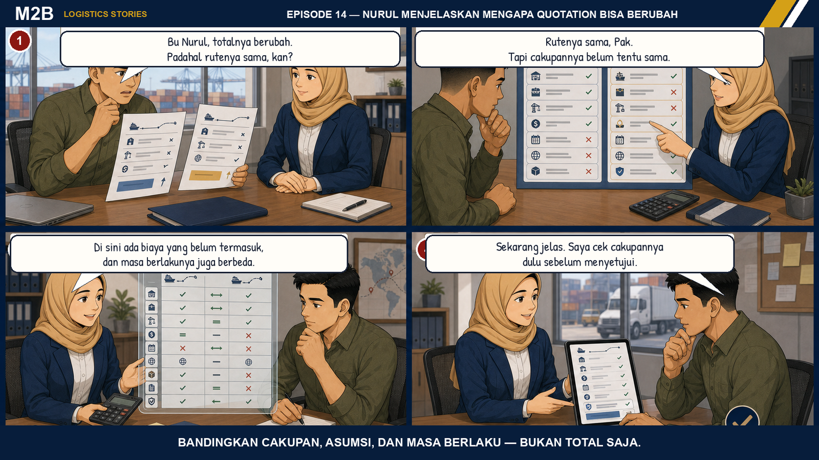 Komik empat panel Nurul menjelaskan kepada Yusuf bahwa quotation logistik perlu dibandingkan berdasarkan cakupan, komponen yang belum termasuk, asumsi, dan masa berlaku sebelum disetujui.