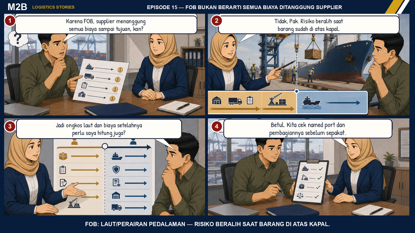 Komik empat panel Nurul menjelaskan kepada Yusuf bahwa dalam FOB risiko beralih ketika barang berada di atas kapal dan pembeli perlu menghitung freight serta biaya setelah titik penyerahan.