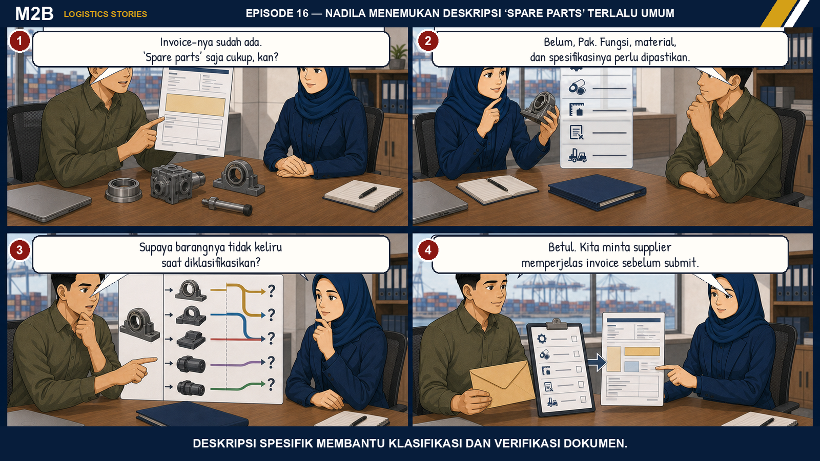 Komik Nadila membantu Yusuf memperjelas fungsi, material, dan spesifikasi spare parts pada invoice sebelum dokumen disubmit.