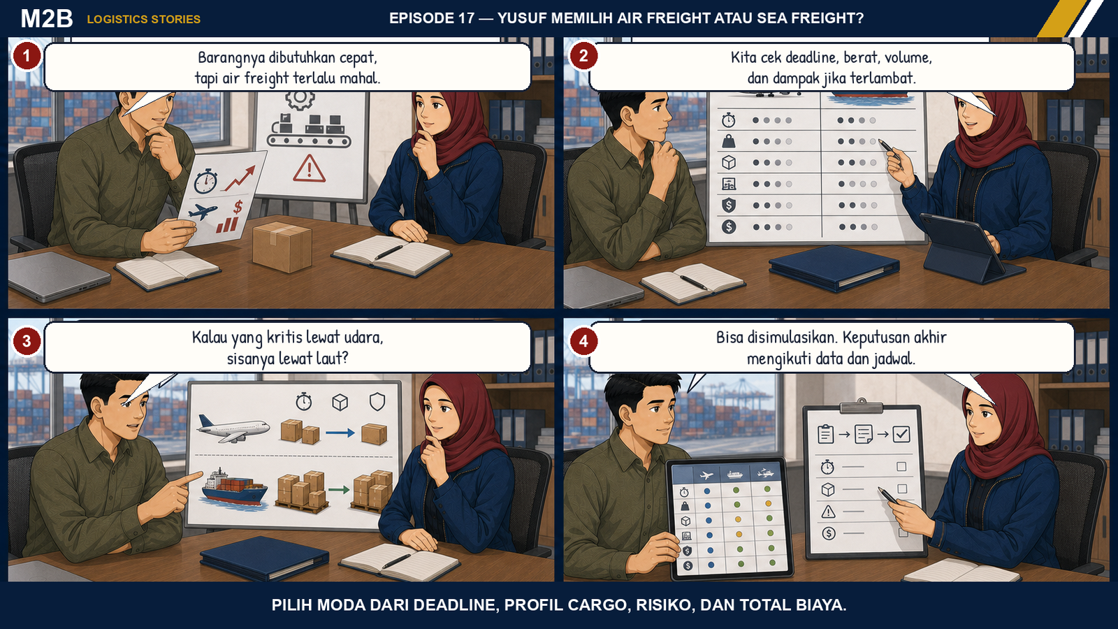 Komik Tasya membantu Yusuf membandingkan air freight, sea freight, dan opsi split shipment berdasarkan waktu, profil cargo, risiko, dan biaya.
