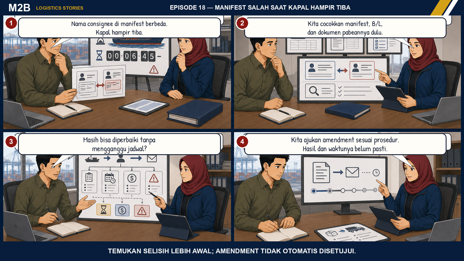 Komik Tasya menangani perbedaan data consignee pada manifest dan dokumen pabean dengan rekonsiliasi serta pengajuan amendment tanpa menjanjikan hasil.