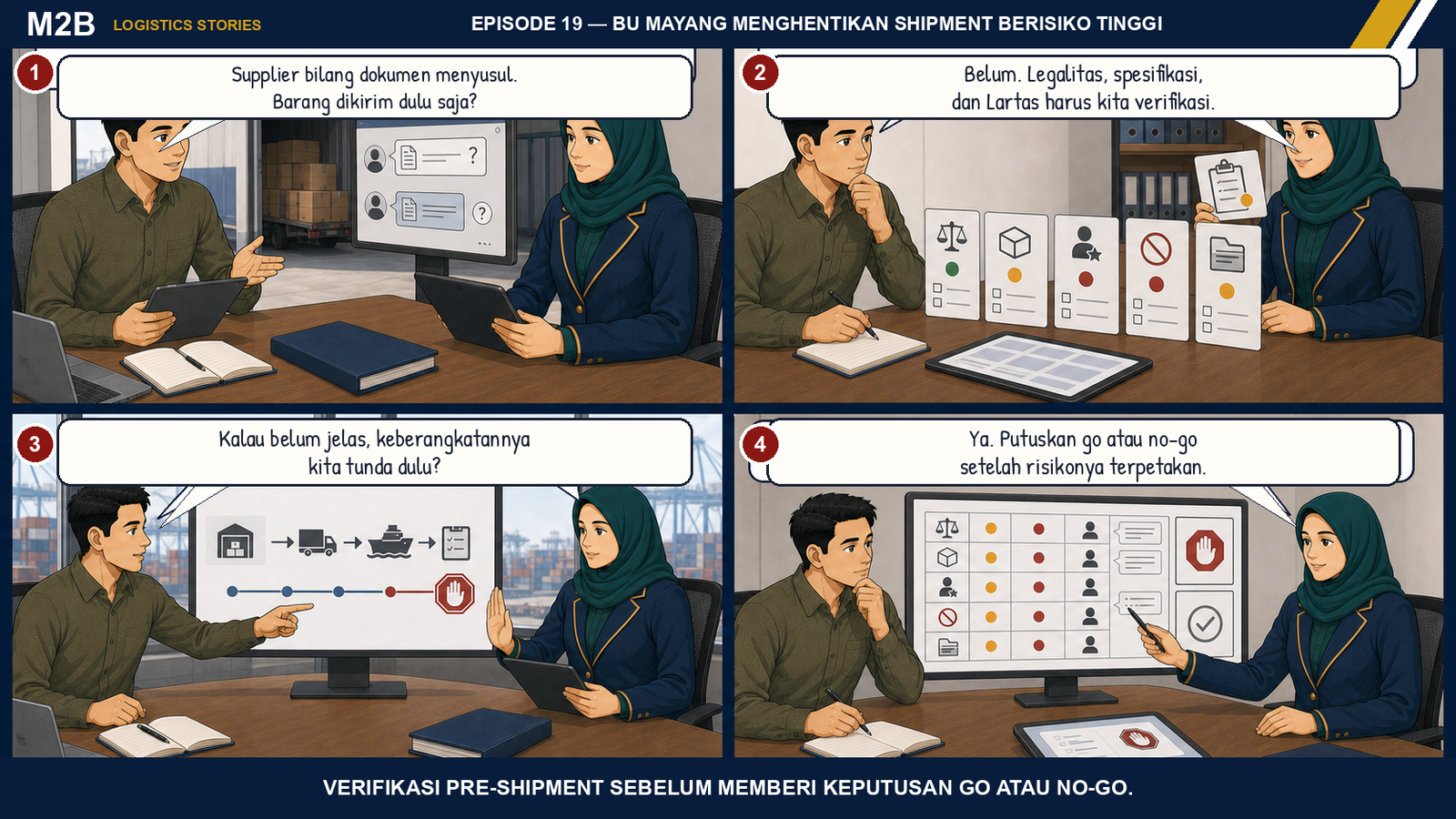 Komik Bu Mayang menunda keberangkatan shipment sampai legalitas, spesifikasi, Lartas, dan risiko terverifikasi.