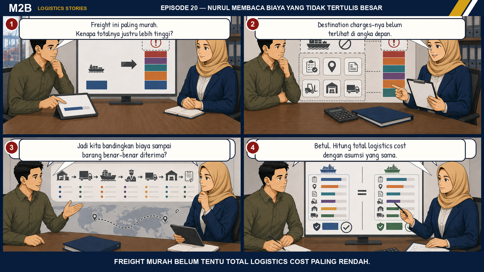 Komik Nurul menunjukkan kepada Yusuf bahwa freight murah dapat memiliki destination charges tinggi sehingga total logistics cost perlu dibandingkan.