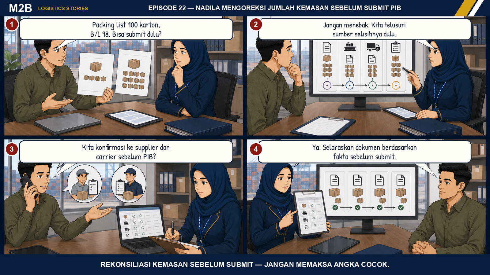 Komik Nadila menelusuri selisih jumlah kemasan antara packing list dan B/L sebelum data PIB disubmit.