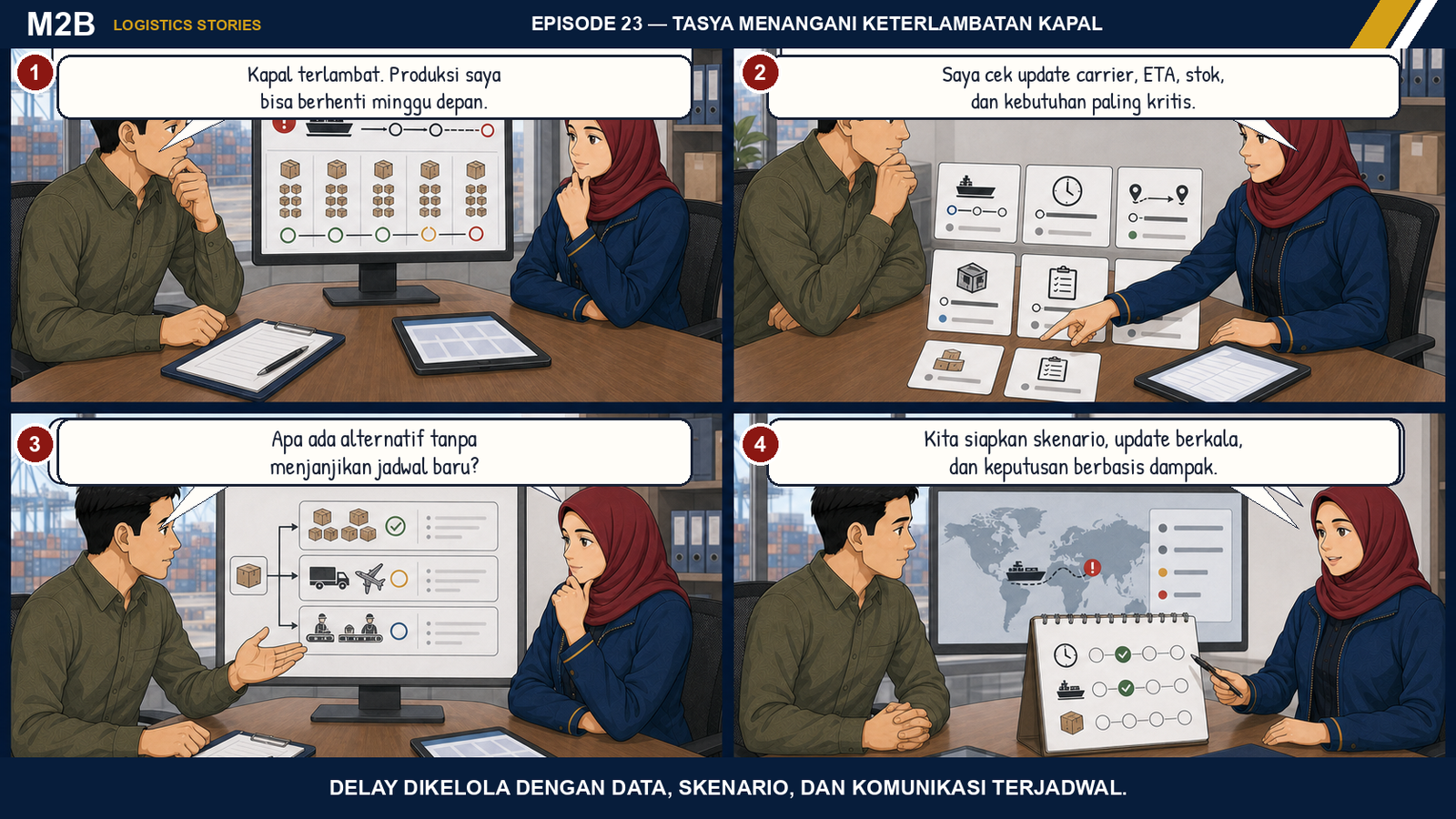 Komik Tasya menangani keterlambatan kapal dengan memeriksa update carrier, ETA, stok, kebutuhan kritis, dan skenario mitigasi.