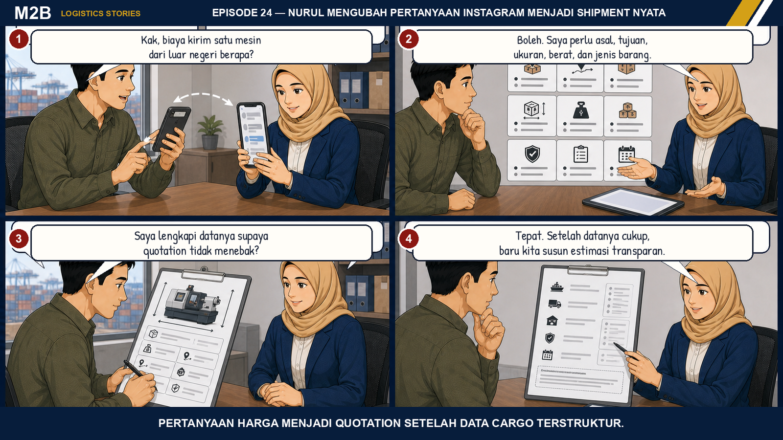 Komik Nurul mengubah pertanyaan harga singkat menjadi permintaan quotation terstruktur dengan data asal, tujuan, ukuran, berat, dan jenis cargo.