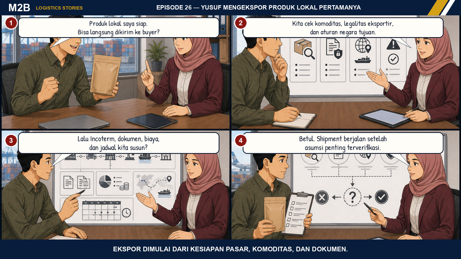 Komik Yusuf dan Tasya memeriksa komoditas, legalitas eksportir, aturan negara tujuan, Incoterm, dokumen, biaya, dan jadwal sebelum ekspor pertama.