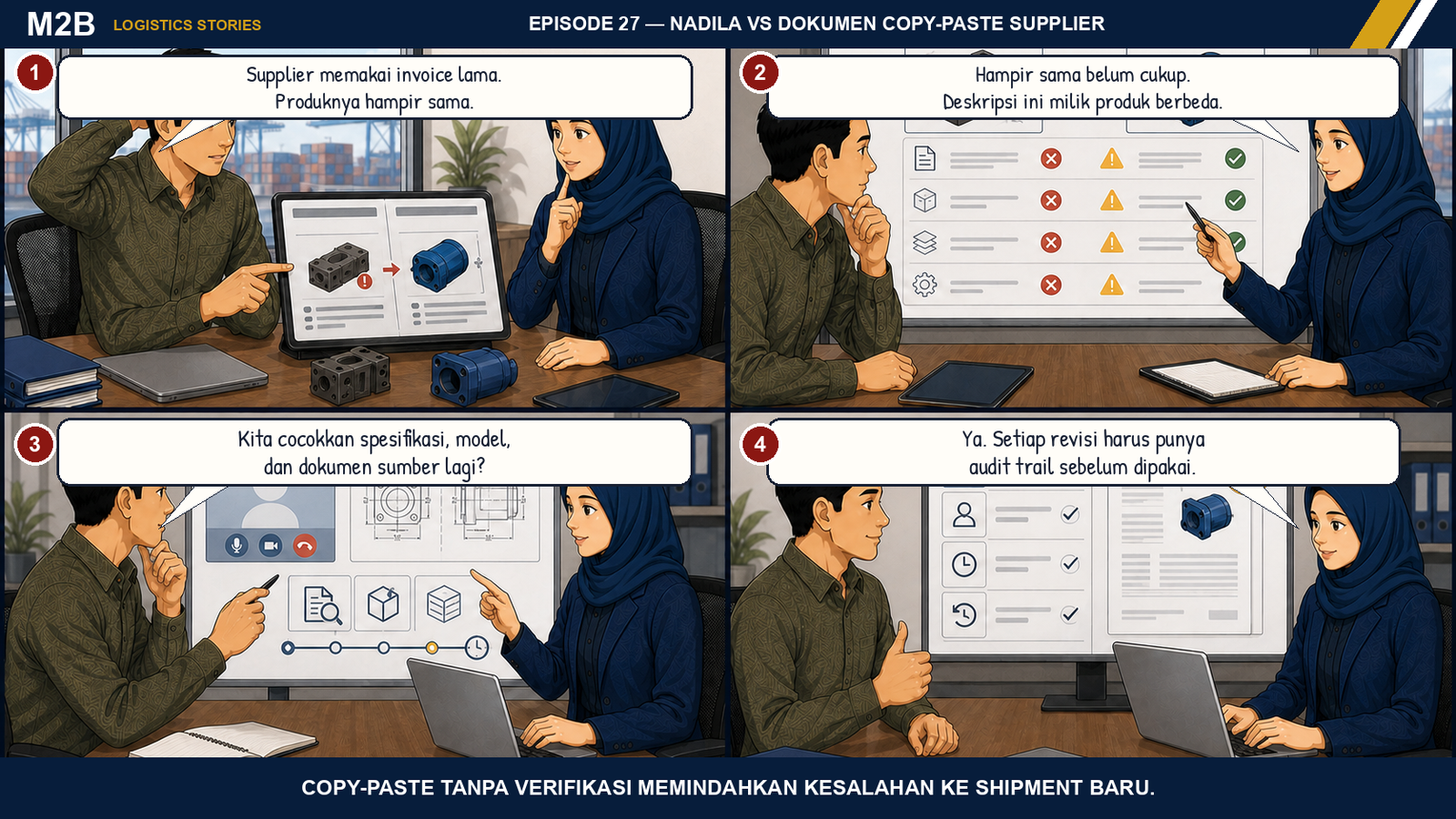 Komik Nadila menemukan invoice supplier yang menyalin deskripsi produk lama dan meminta verifikasi spesifikasi serta audit trail revisi.