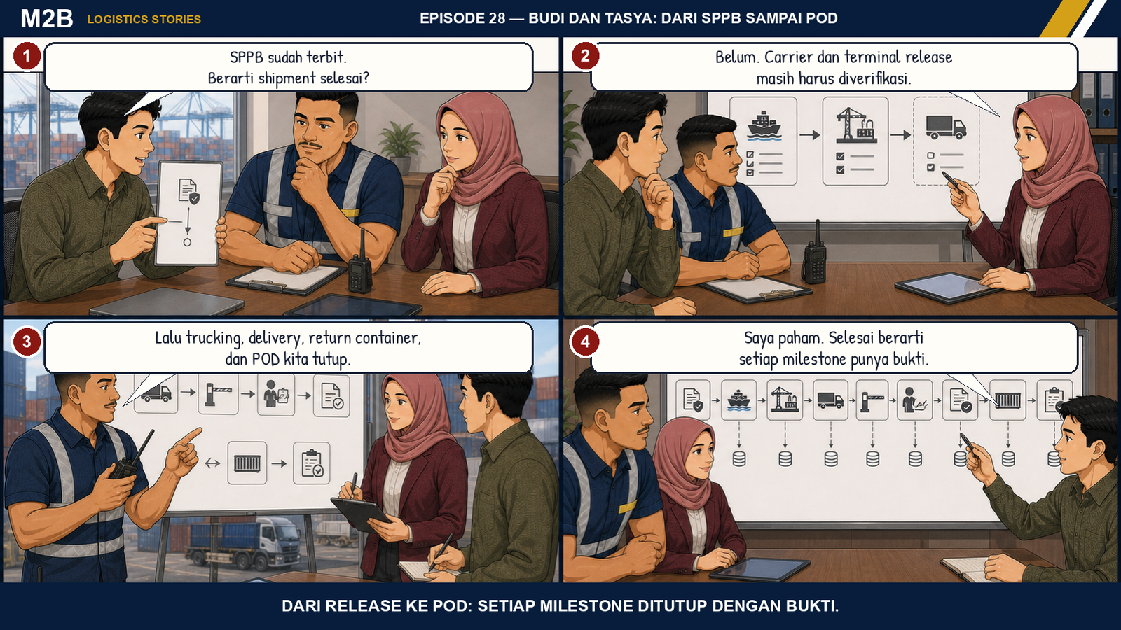Komik Budi dan Tasya mengelola carrier release, terminal release, trucking, delivery, pengembalian peti kemas, dan POD setelah SPPB.