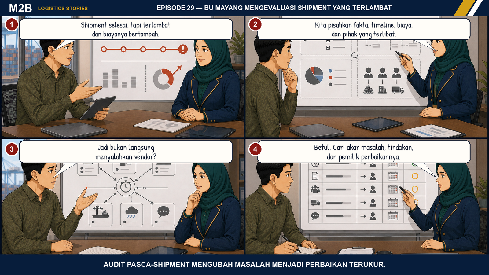 Komik Bu Mayang mengevaluasi shipment terlambat melalui fakta, timeline, biaya, akar masalah, tindakan korektif, dan pemilik aksi.