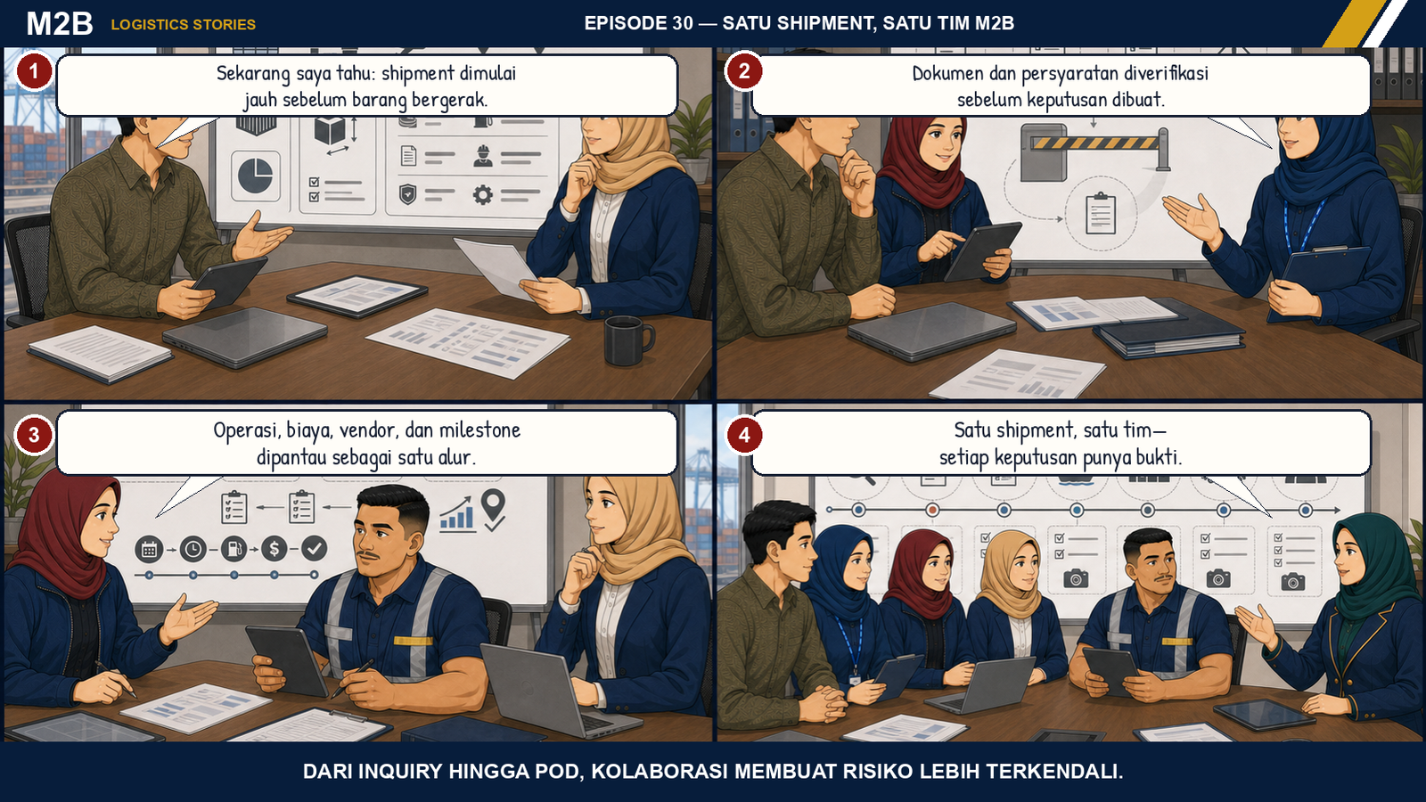 Komik pilar seluruh tim M2B mendampingi Yusuf dari inquiry, quotation, dokumen, compliance, operasi, delivery, hingga POD dengan keputusan berbasis bukti.