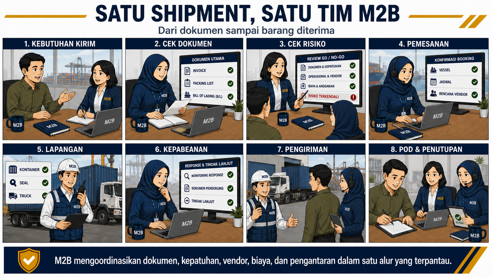 Delapan tahapan koordinasi M2B dari kebutuhan pengiriman, pemeriksaan dokumen, kepabeanan, operasional lapangan, hingga POD