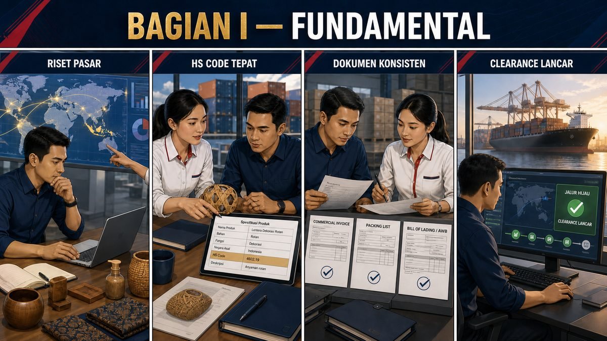 Ilustrasi Bagian I Fundamental — riset pasar, penentuan HS Code yang tepat, dokumen ekspor-impor yang konsisten, dan clearance bea cukai yang lancar