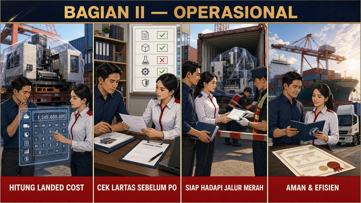 Ilustrasi Bagian II Operasional — menghitung landed cost, mengecek Lartas sebelum PO, kesiapan menghadapi jalur merah, dan pengiriman yang aman & efisien