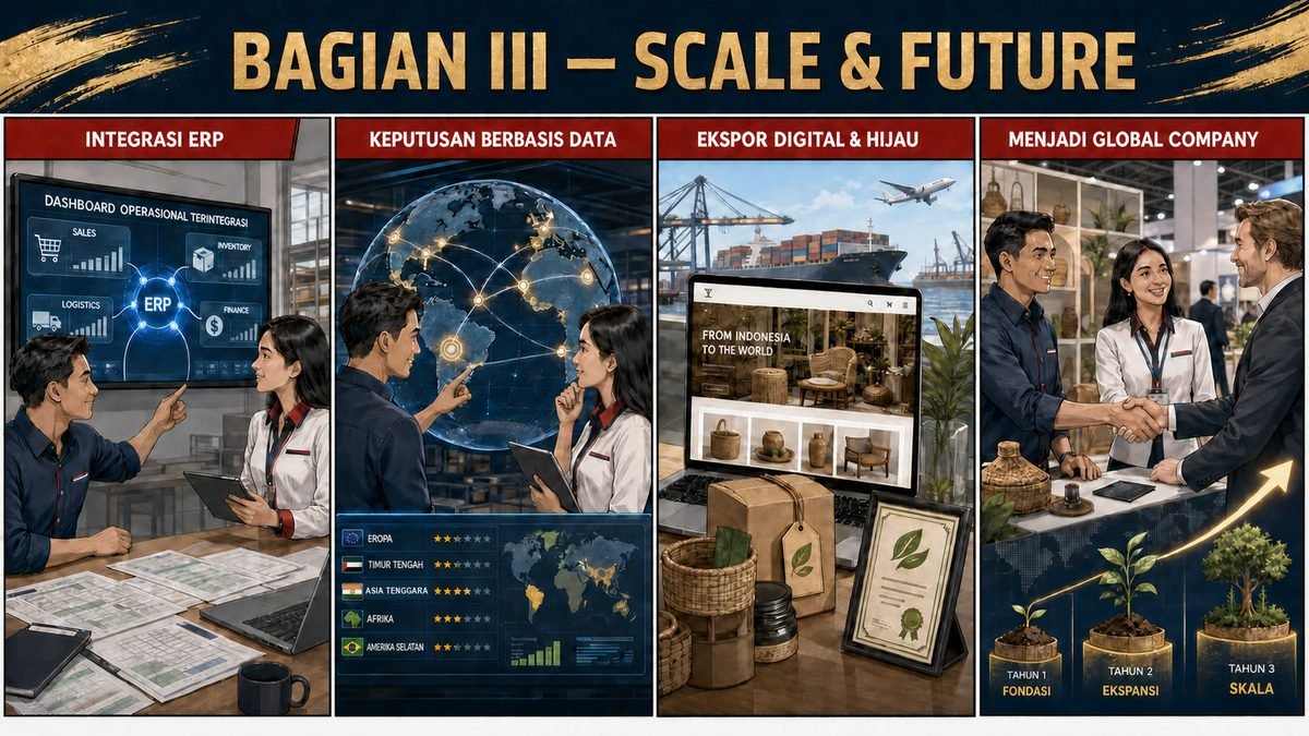 Ilustrasi Bagian III Scale & Future — integrasi ERP, keputusan berbasis data, ekspor digital & hijau, hingga menjadi global company