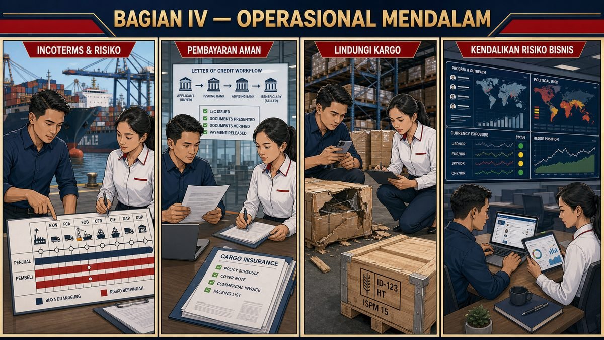 Ilustrasi Bagian IV Operasional Mendalam — Incoterms & pembagian risiko, pembayaran aman lewat L/C, perlindungan kargo, dan pengendalian risiko bisnis