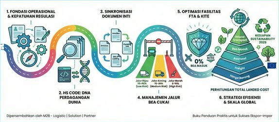 Infografis Navigasi Strategis Ekspor-Impor Indonesia 2026 — Peta jalan dari fondasi regulasi, HS Code, dokumen inti, manajemen jalur bea cukai, optimasi FTA, hingga sustainability