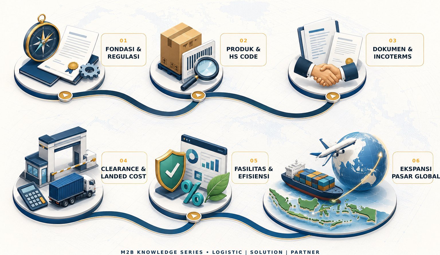 Peta Navigasi Visual Ekspor-Impor M2B — enam tahapan: (01) fondasi & regulasi, (02) produk & HS Code, (03) dokumen & Incoterms, (04) clearance & landed cost, (05) fasilitas & efisiensi, (06) ekspansi pasar global
